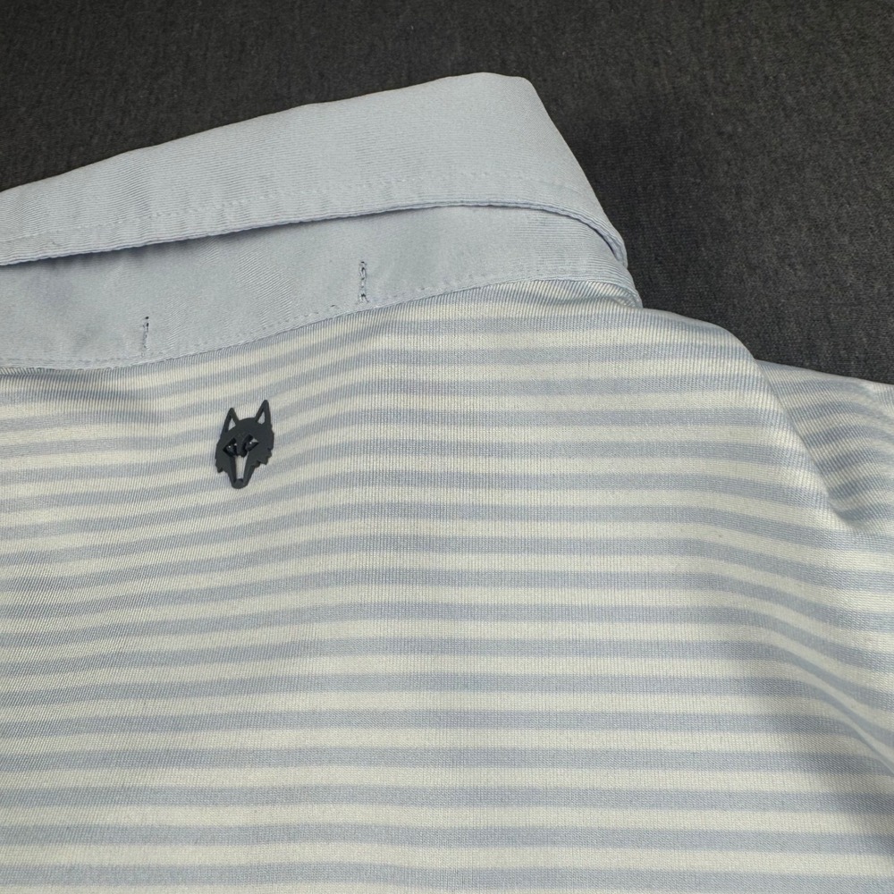Greyson Mens XL Golf Polo Shirt Blue White Striped Short Sleeve Wolf Logo Logo